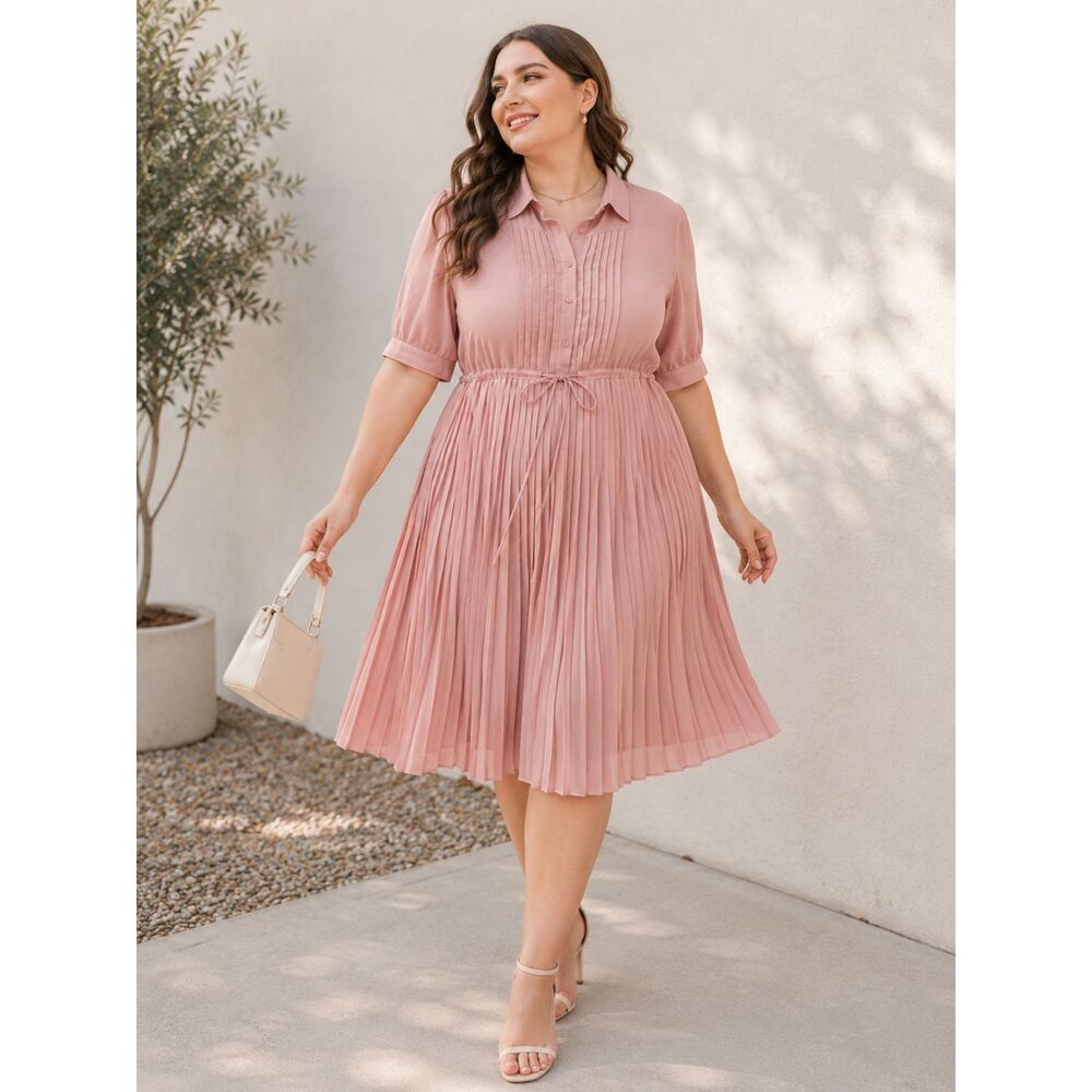 NWT Wldrdsd Pink Pleated Midi Dress XXL Collared Button Front Tie Waist Chiffon